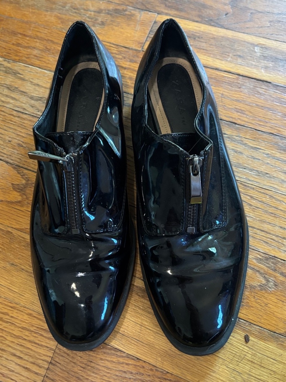 Zara Black Patent faux Leather Zip-Front Women's stacked heel Loafers